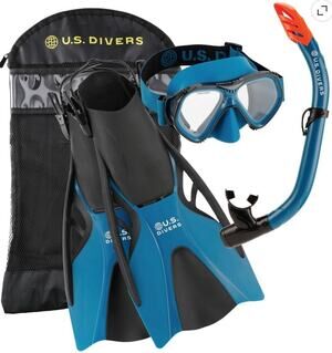 U.S. Divers Playa Adult Snorkel Set L/XL Blue Black Mask Fins W/Snorkel Bag New